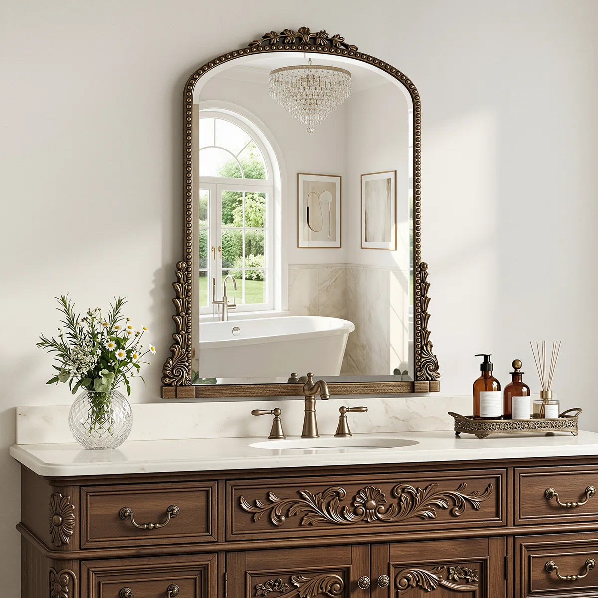Retro Engraved Bathroom Mirror, Arched Wall Mirror
