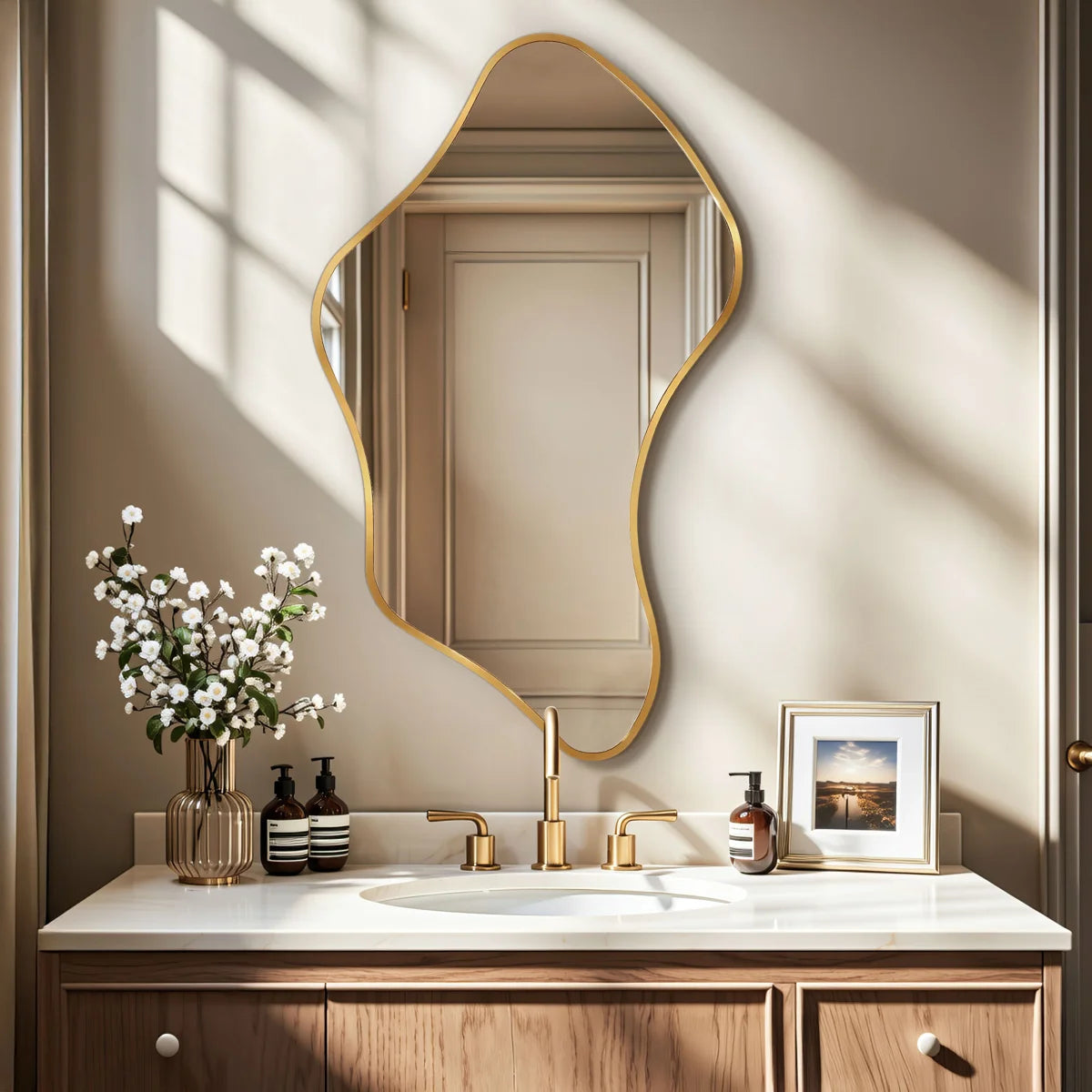 Luxury Asymmetrical Wall Mirror, Designer Irregular Bathroom Vanity Mirror with Sleek Aluminum Frame for Modern Interiors