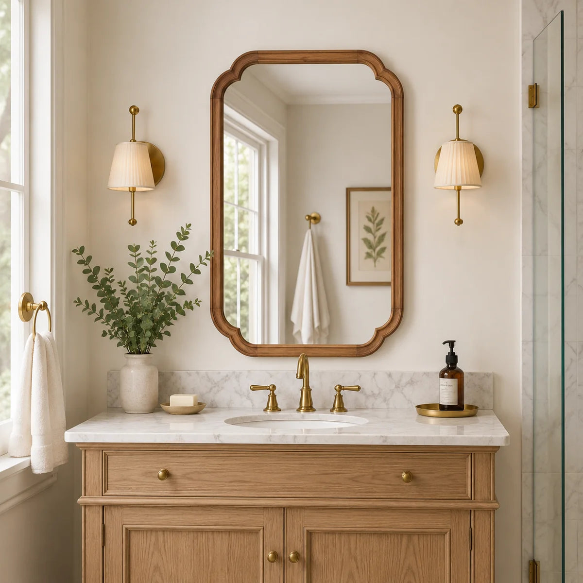 Arched Solid Pine Wood Wall Mirror with Tempered Glass – Farmhouse Bathroom Vanity Mirror