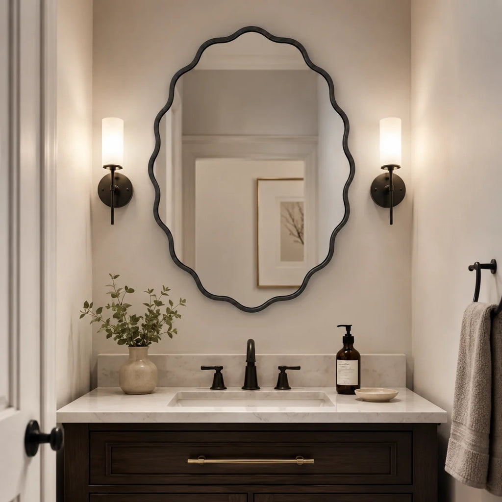Black Wavy Oval Scalloped Metal Framed Bathroom / Vanity Wall Mirror