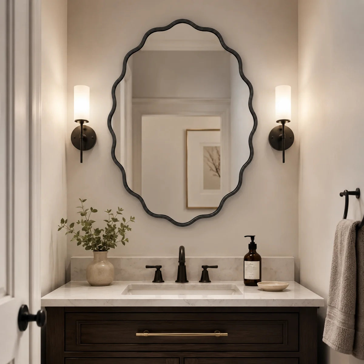 Black Wavy Oval Scalloped Metal Framed Bathroom / Vanity Wall Mirror