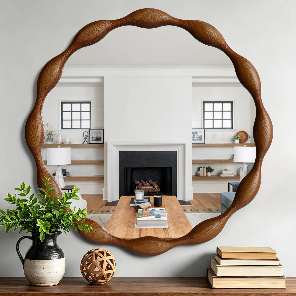 Marka 36" Vintage Round Solid Wood Framed Wavy Organic Design Wall Mounted Vanity Mirror