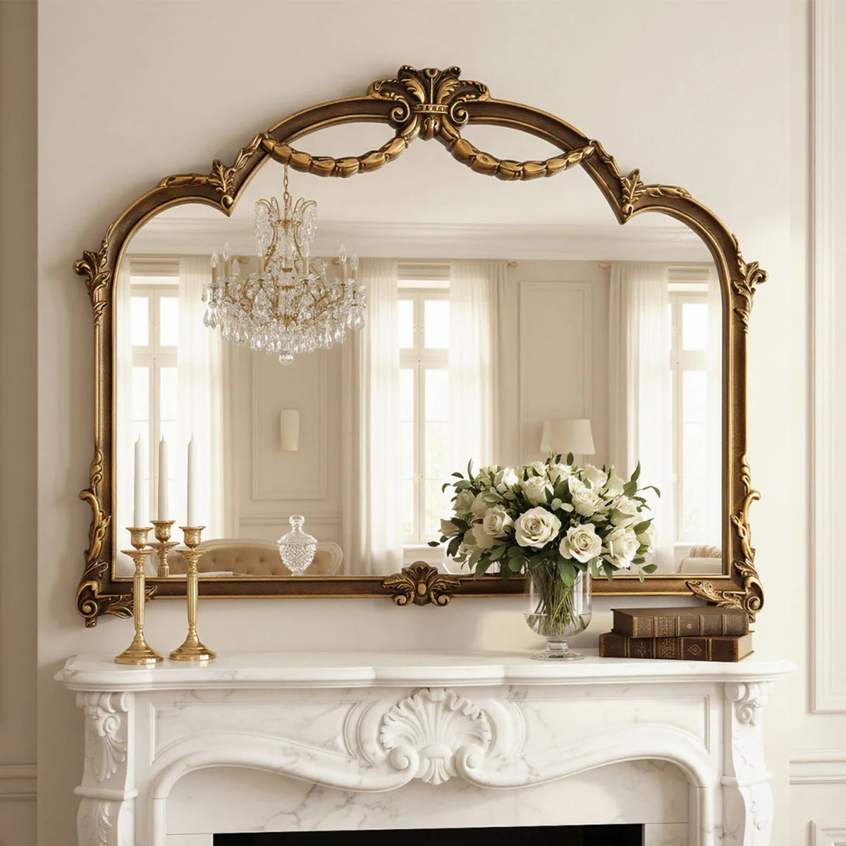 Arch Antique Ornate Wall Mirror with Baroque Metal Frame,Vintage Mirror for Fireplace or Entryway Decor,39x30 inch, Vintage Gold