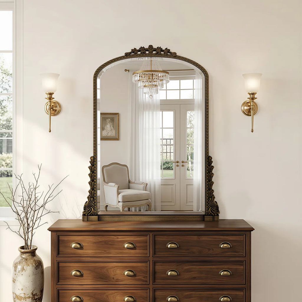 Retro Engraved Bathroom Mirror, Arched Wall Mirror