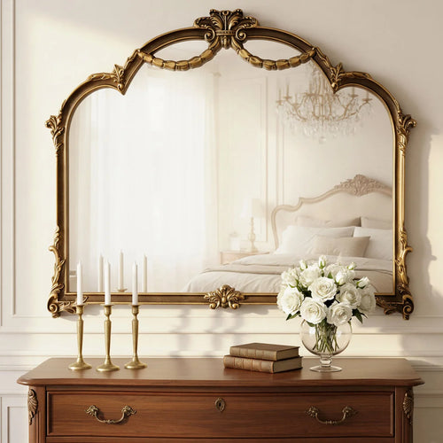 Arch Antique Ornate Wall Mirror with Baroque Metal Frame,Vintage Mirror for Fireplace or Entryway Decor,39x30 inch, Vintage Gold