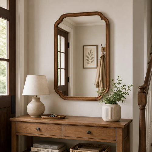 Arched Solid Pine Wood Wall Mirror with Tempered Glass – Farmhouse Bathroom Vanity Mirror