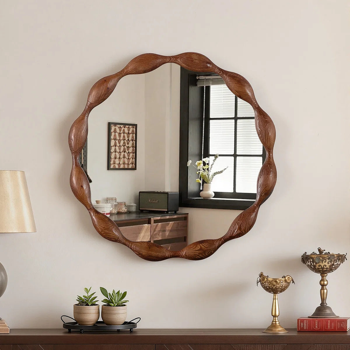 Marka 36" Vintage Round Solid Wood Framed Wavy Organic Design Wall Mounted Vanity Mirror