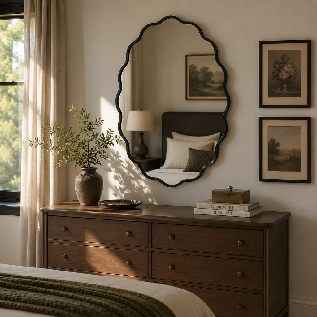 Black Wavy Oval Scalloped Metal Framed Bathroom / Vanity Wall Mirror