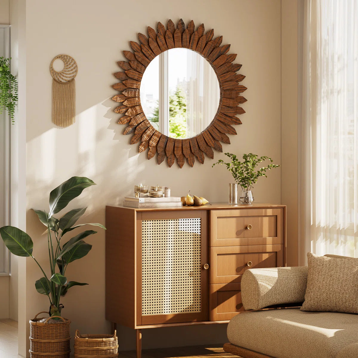 Decorative Wood Framed Round Mirror