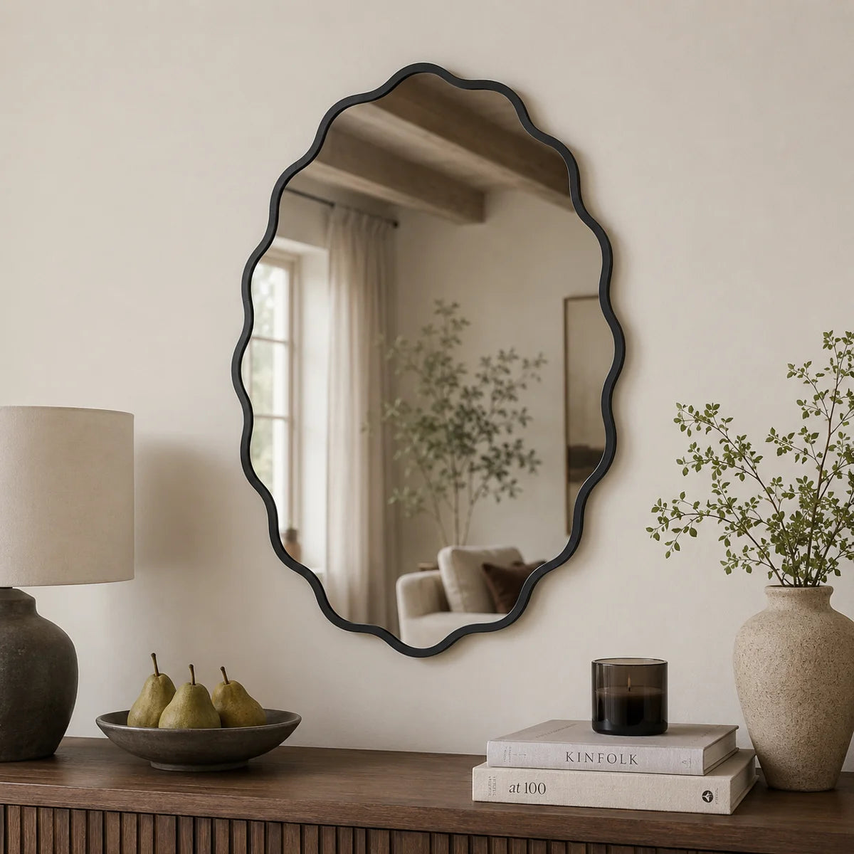 Black Wavy Oval Scalloped Metal Framed Bathroom / Vanity Wall Mirror