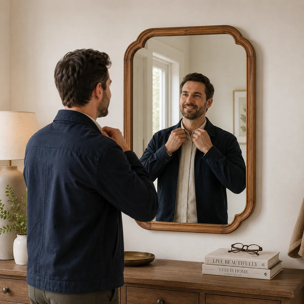 Arched Solid Pine Wood Wall Mirror with Tempered Glass – Farmhouse Bathroom Vanity Mirror