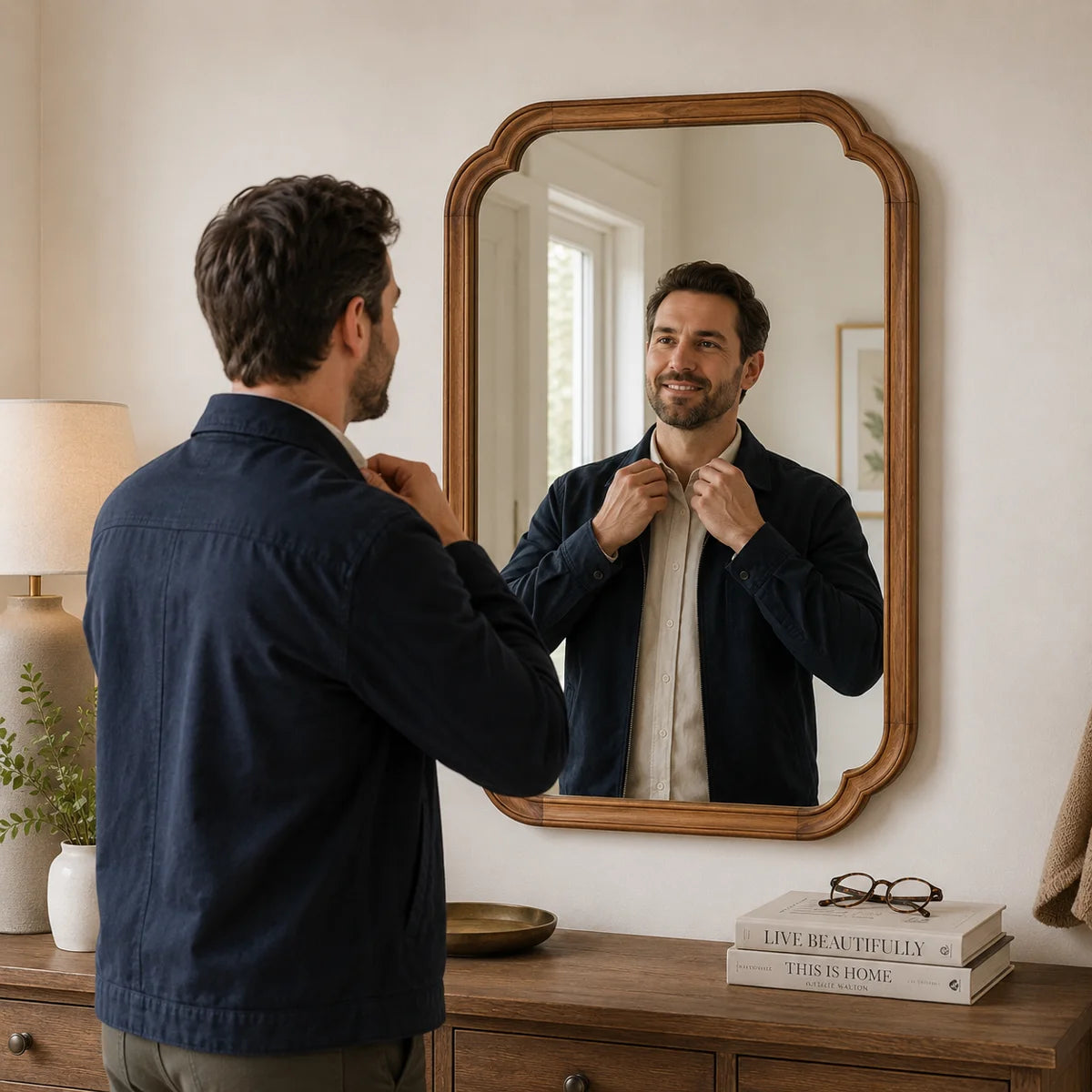 Arched Solid Pine Wood Wall Mirror with Tempered Glass – Farmhouse Bathroom Vanity Mirror