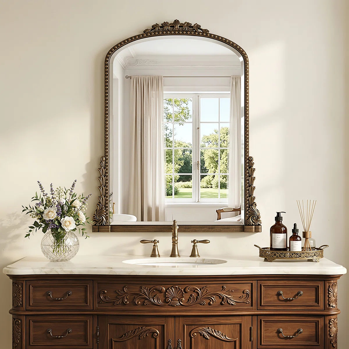 Retro Engraved Bathroom Mirror, Arched Wall Mirror
