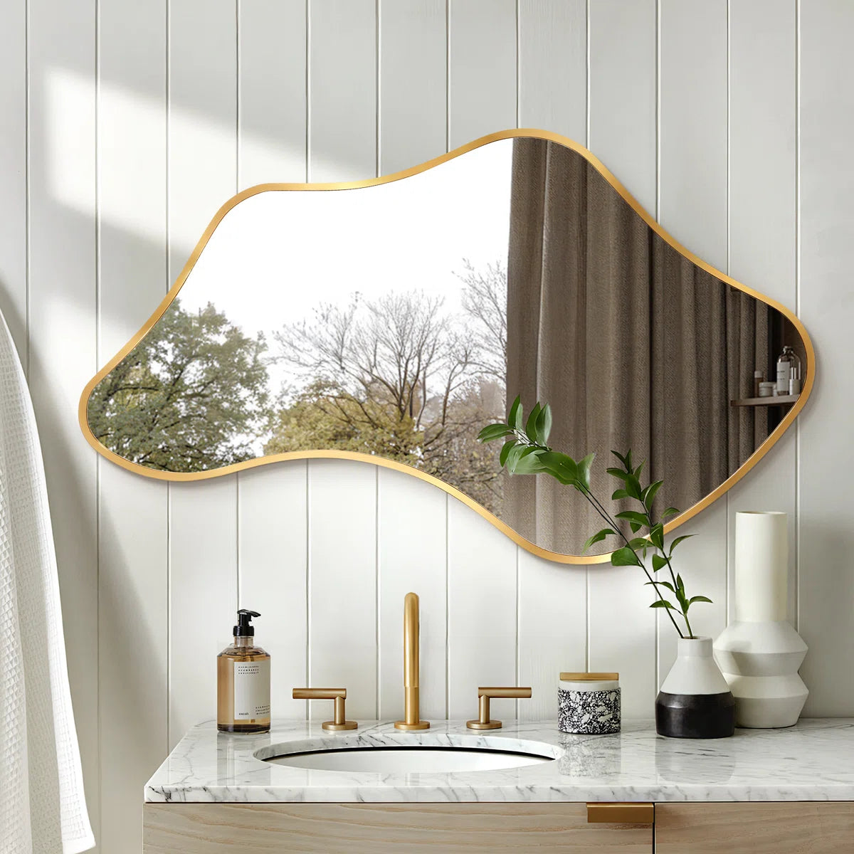 Luxury Asymmetrical Wall Mirror, Designer Irregular Bathroom Vanity Mirror with Sleek Aluminum Frame for Modern Interiors