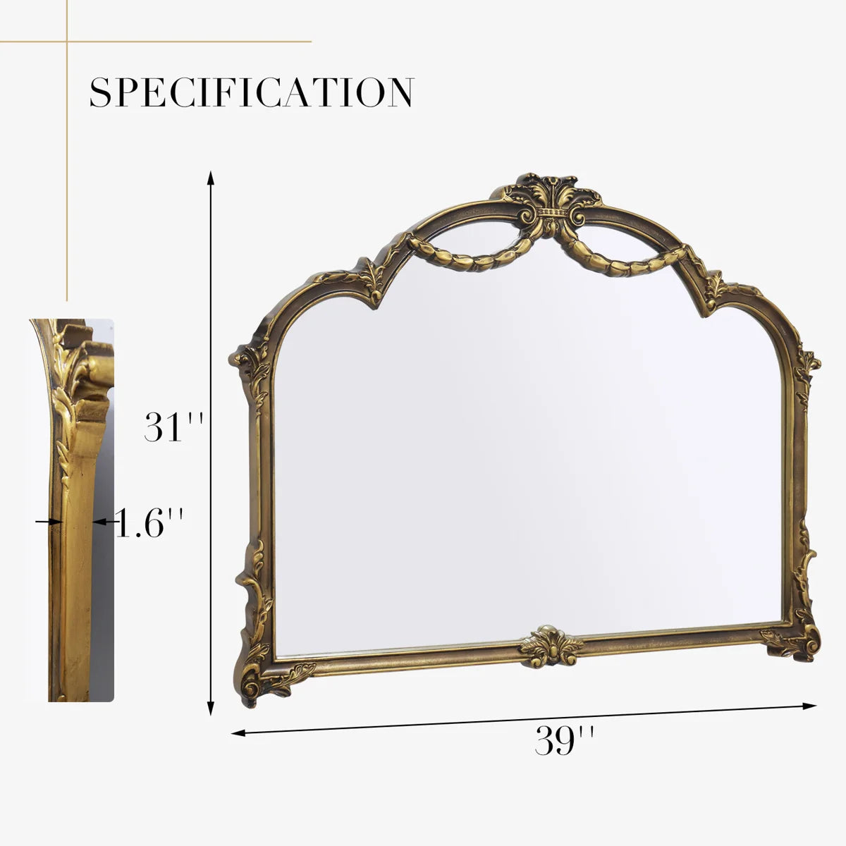 Arch Antique Ornate Wall Mirror with Baroque Metal Frame,Vintage Mirror for Fireplace or Entryway Decor,39x30 inch, Vintage Gold