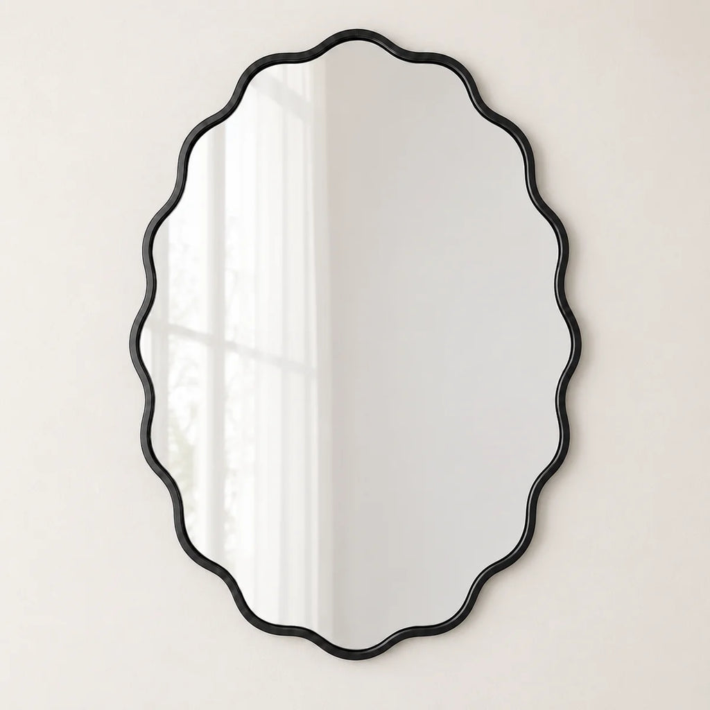 Black Wavy Oval Scalloped Metal Framed Bathroom / Vanity Wall Mirror