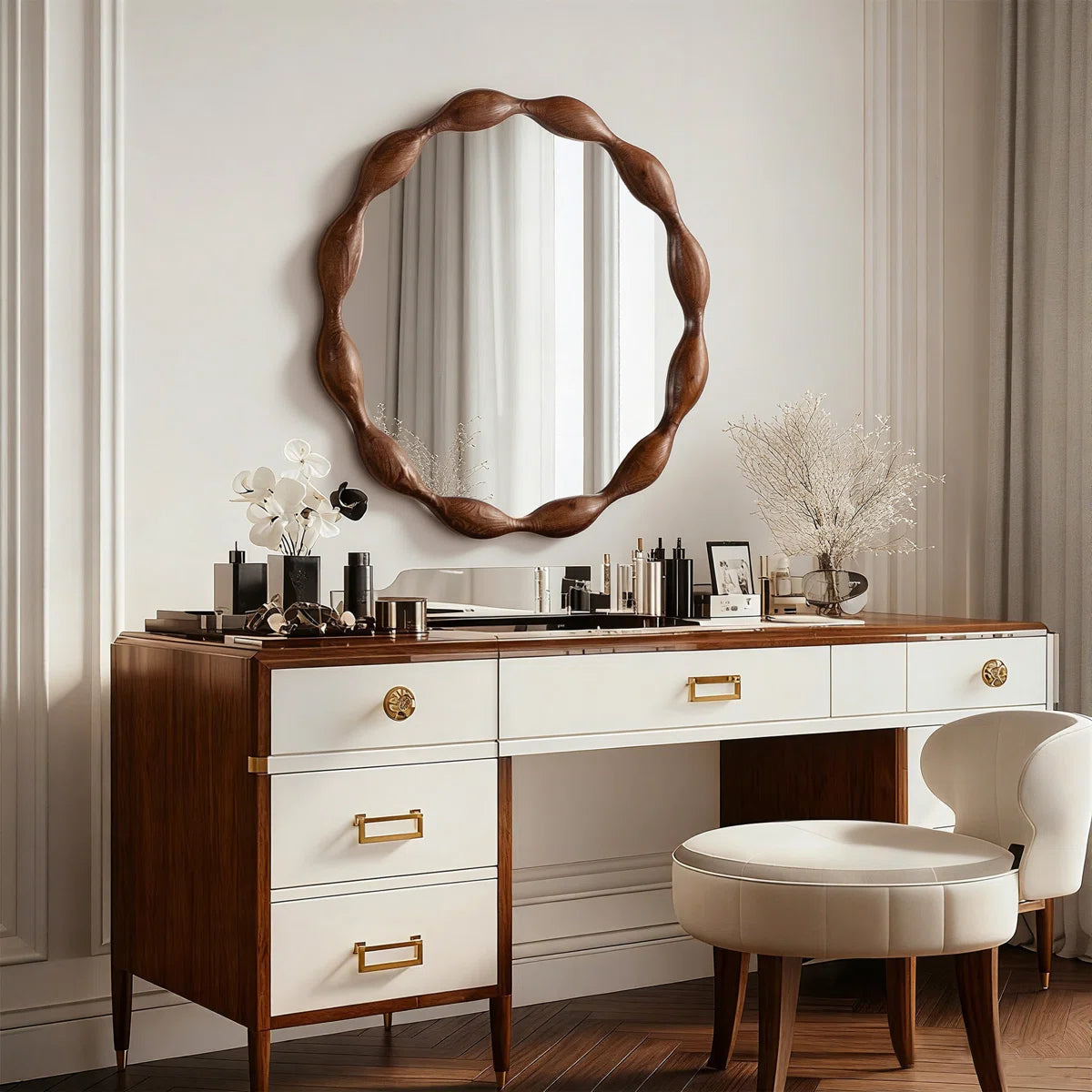 Marka 36" Vintage Round Solid Wood Framed Wavy Organic Design Wall Mounted Vanity Mirror