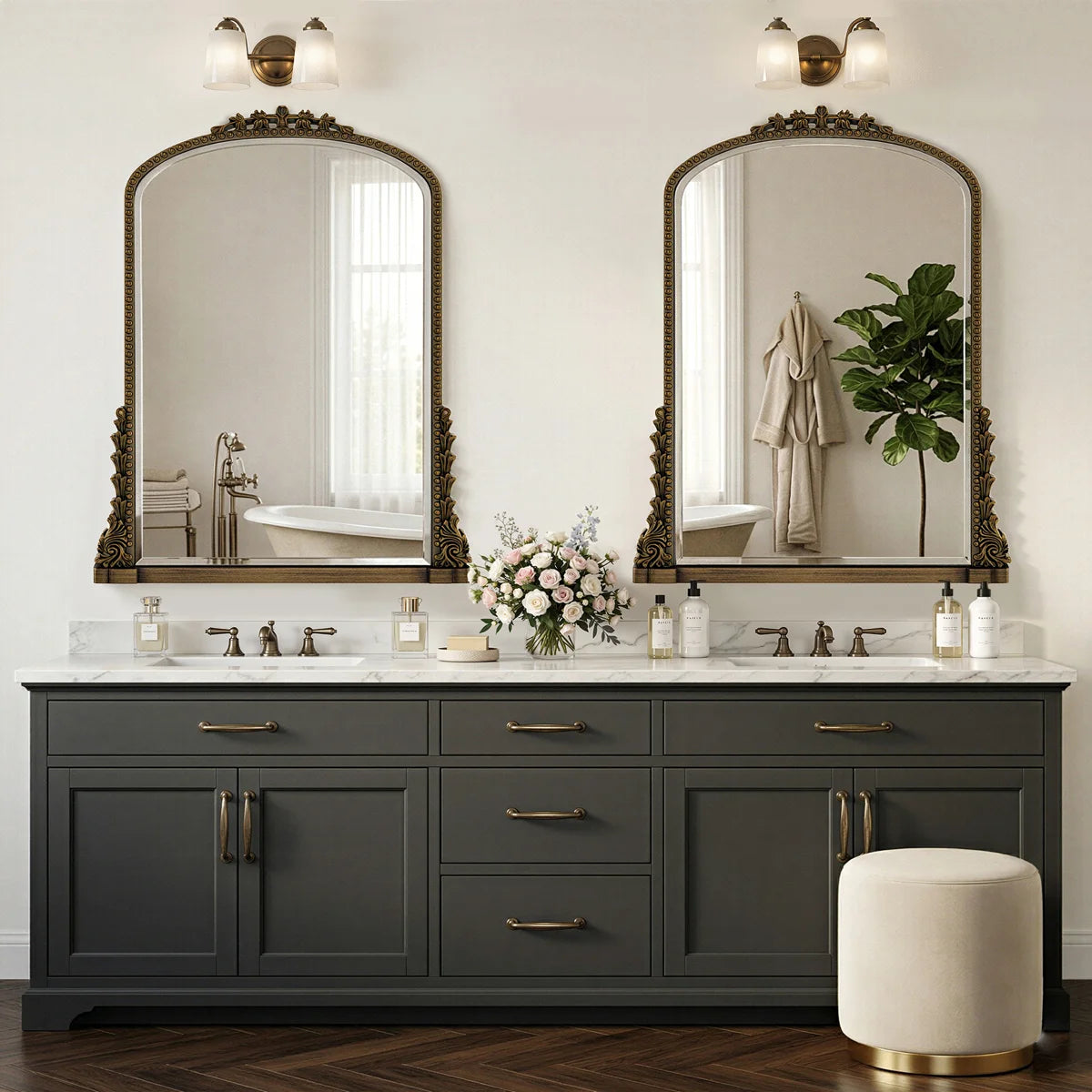 Retro Engraved Bathroom Mirror, Arched Wall Mirror