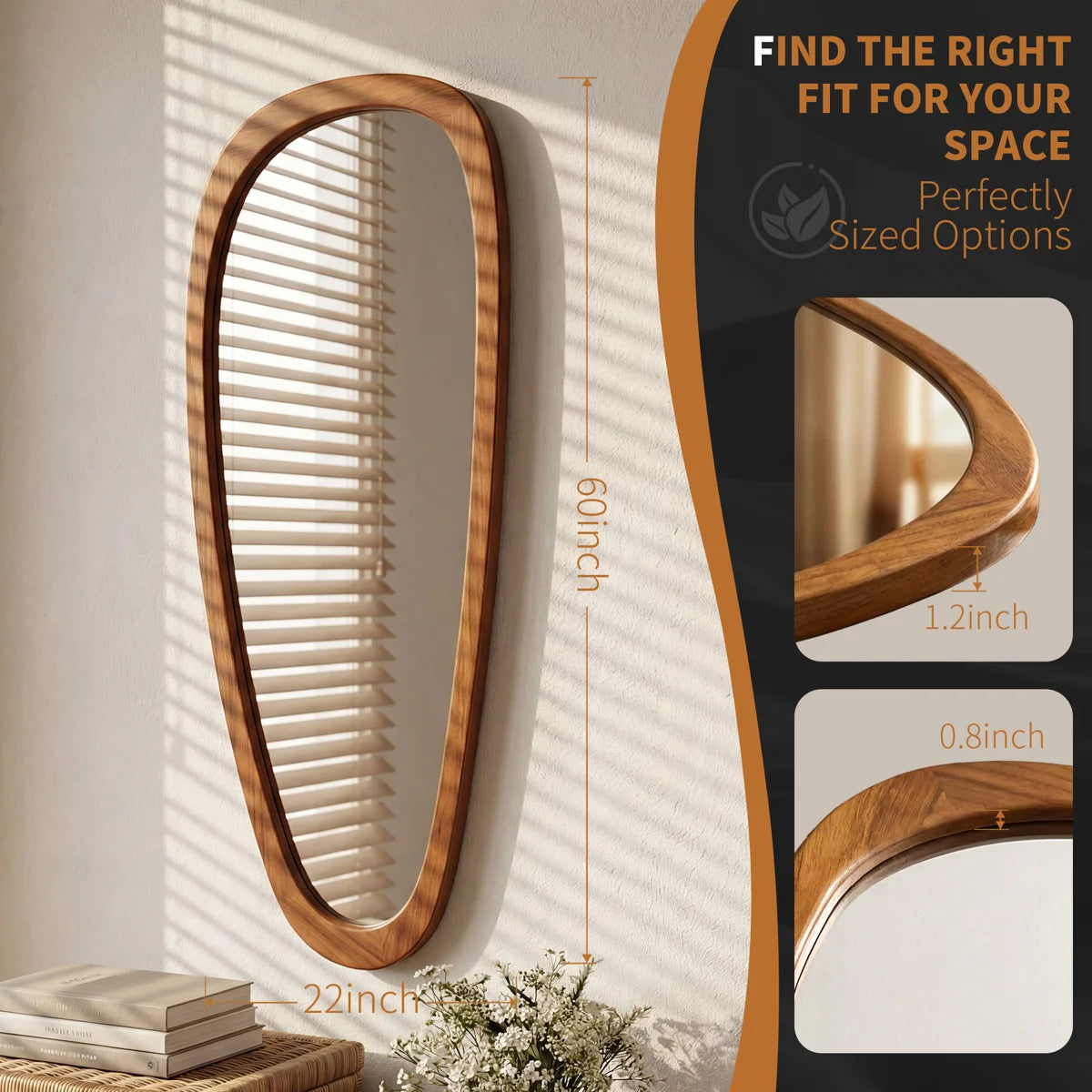 60" x 22" Organic Irregular Wood Framed Full Length Floor Mirror, Asymmetrical Decorative Mirror for Bedroom, Living Room, Entryway