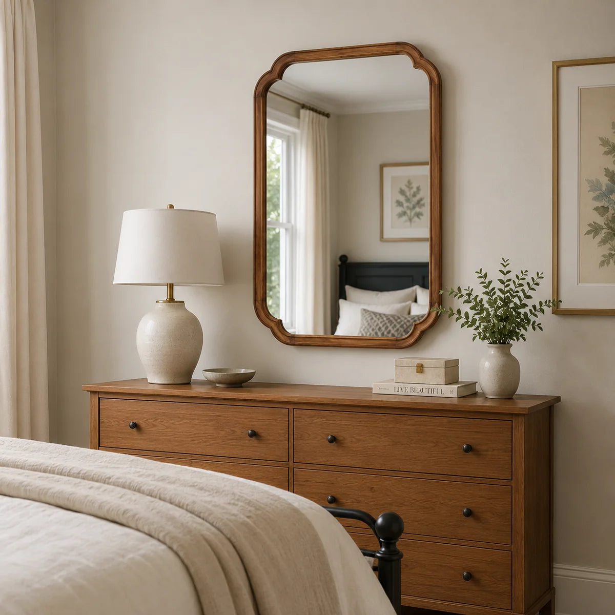 Arched Solid Pine Wood Wall Mirror with Tempered Glass – Farmhouse Bathroom Vanity Mirror