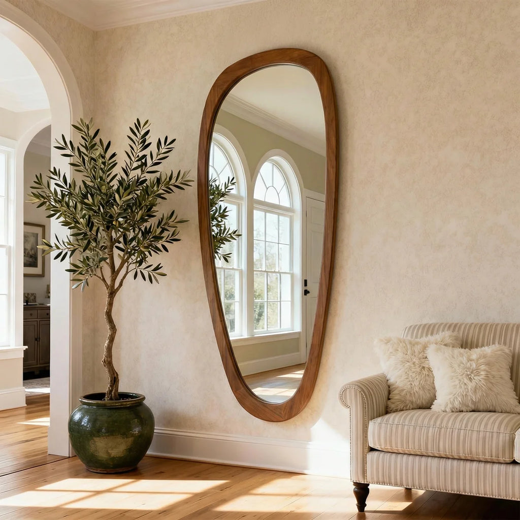 60" x 22" Organic Irregular Wood Framed Full Length Floor Mirror, Asymmetrical Decorative Mirror for Bedroom, Living Room, Entryway