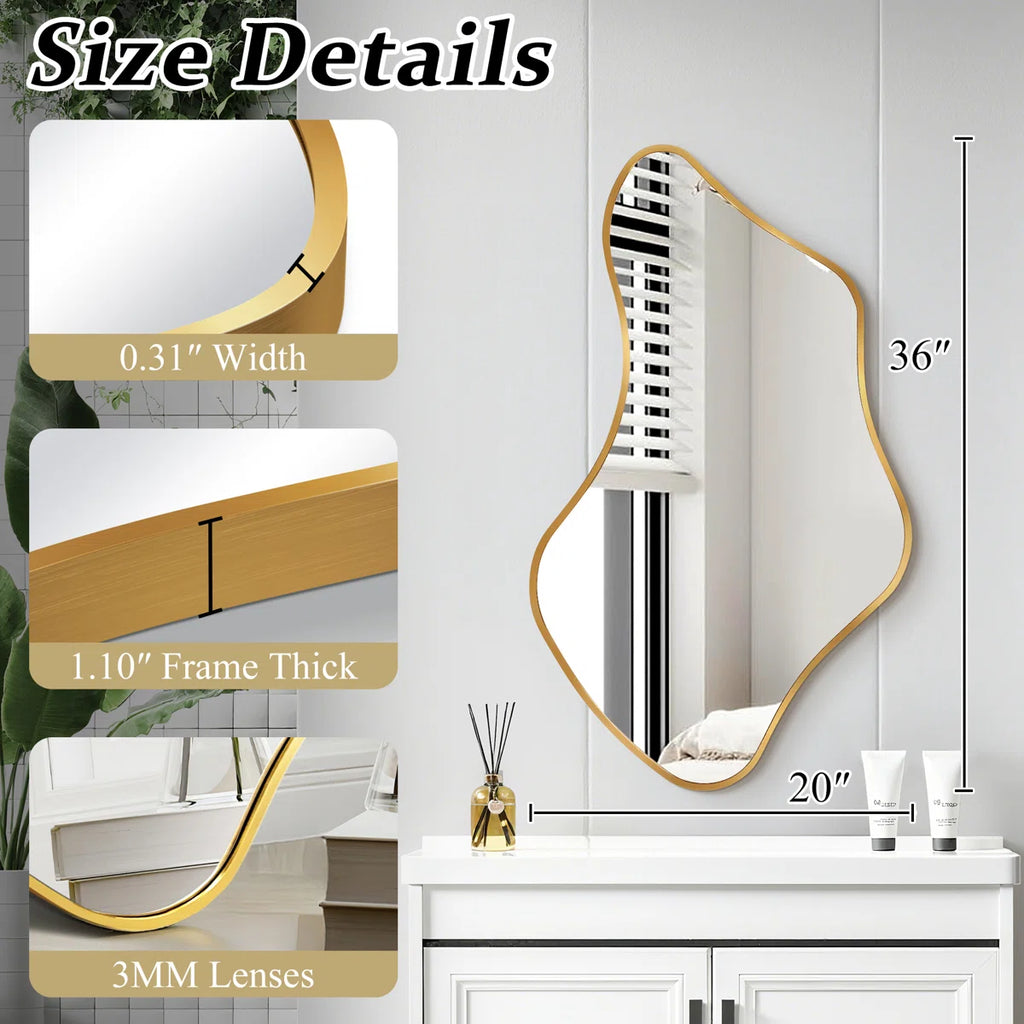 Luxury Asymmetrical Wall Mirror, Designer Irregular Bathroom Vanity Mirror with Sleek Aluminum Frame for Modern Interiors