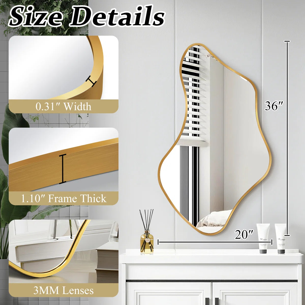 Luxury Asymmetrical Wall Mirror, Designer Irregular Bathroom Vanity Mirror with Sleek Aluminum Frame for Modern Interiors