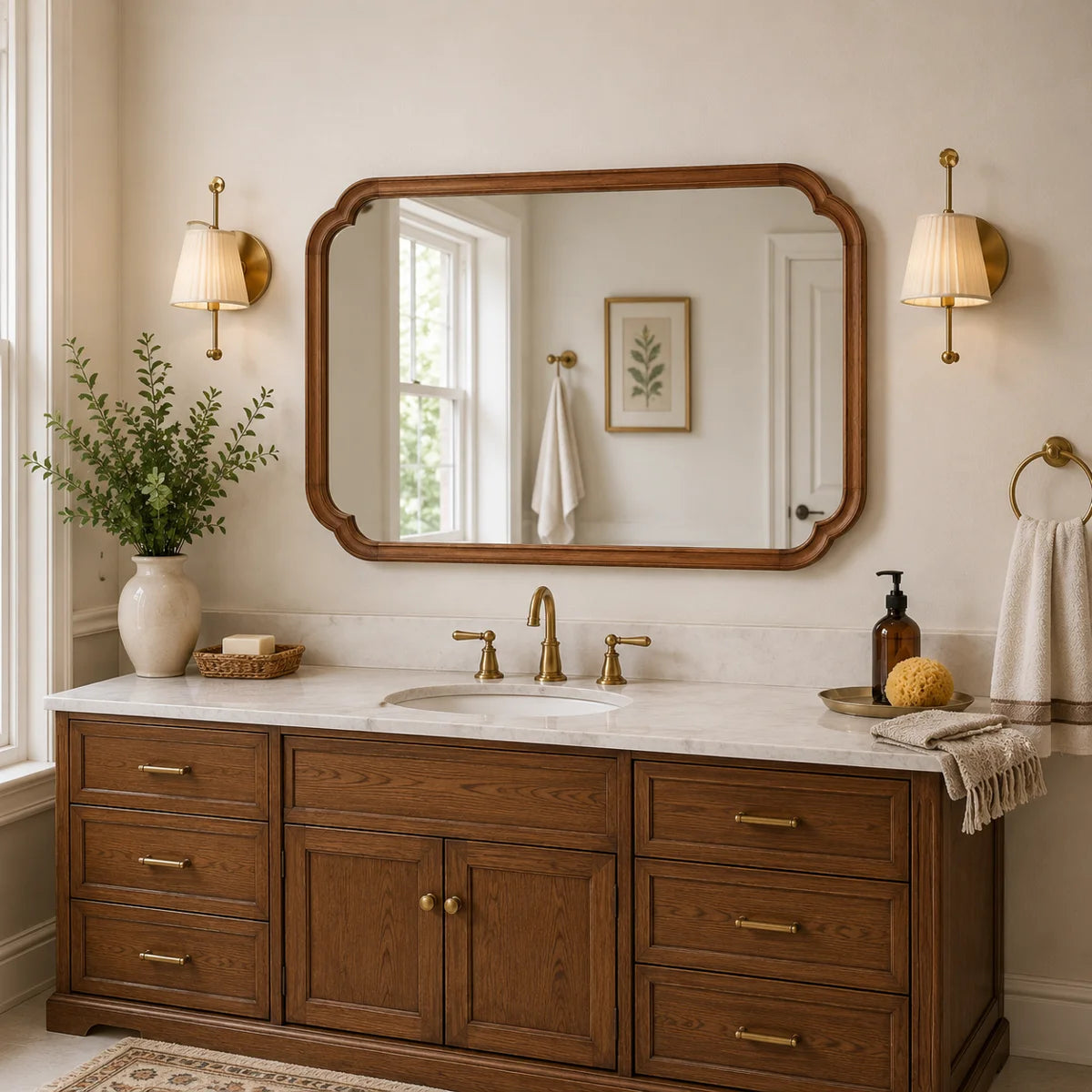Arched Solid Pine Wood Wall Mirror with Tempered Glass – Farmhouse Bathroom Vanity Mirror