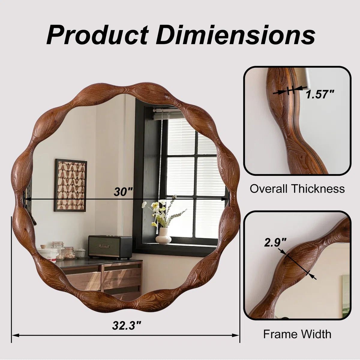 Marka 36" Vintage Round Solid Wood Framed Wavy Organic Design Wall Mounted Vanity Mirror