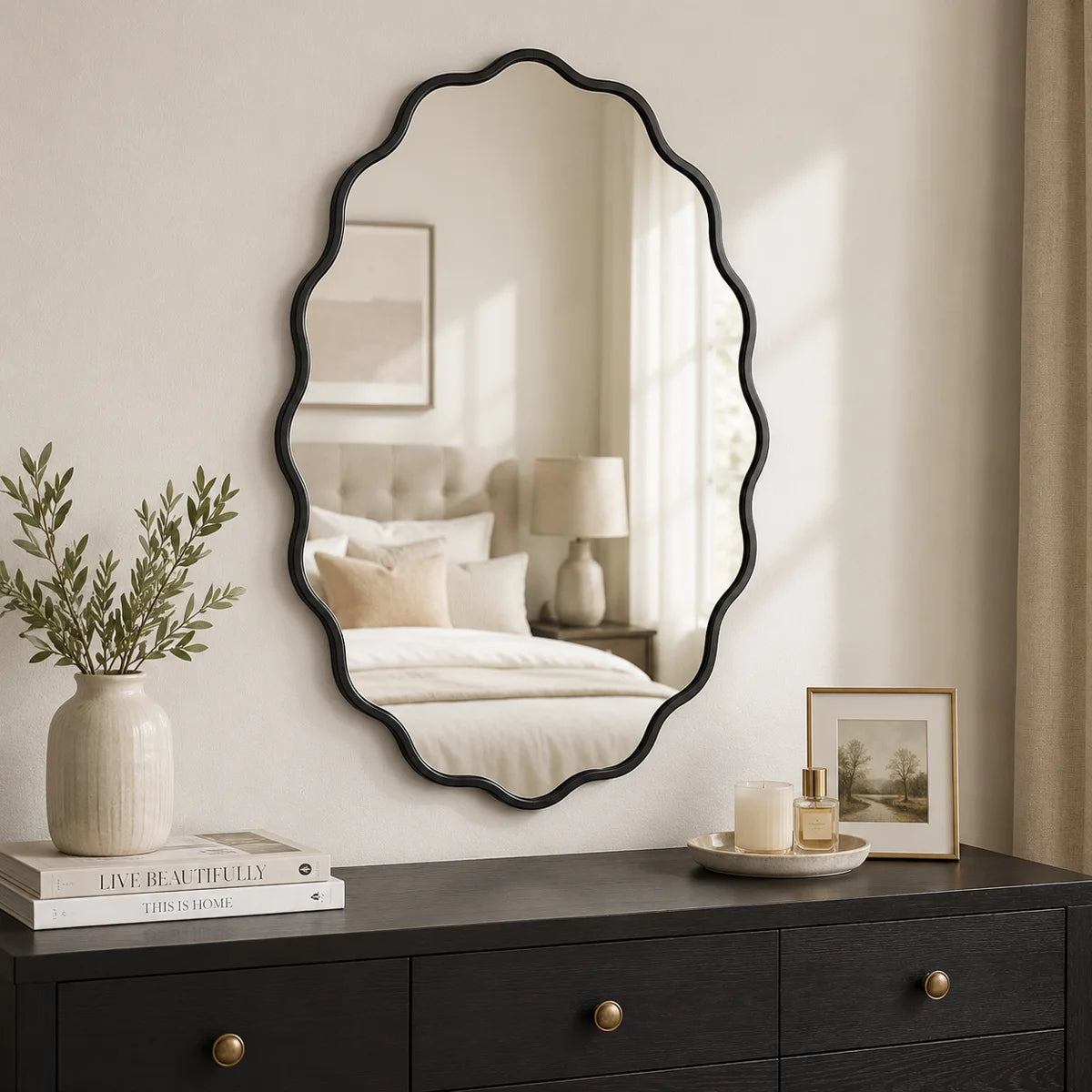 Black Wavy Oval Scalloped Metal Framed Bathroom / Vanity Wall Mirror