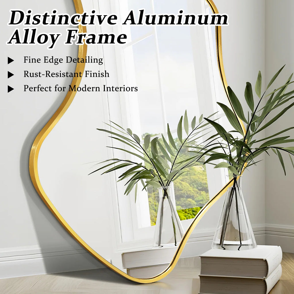 Luxury Asymmetrical Wall Mirror, Designer Irregular Bathroom Vanity Mirror with Sleek Aluminum Frame for Modern Interiors