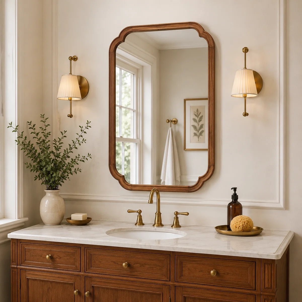 Arched Solid Pine Wood Wall Mirror with Tempered Glass – Farmhouse Bathroom Vanity Mirror