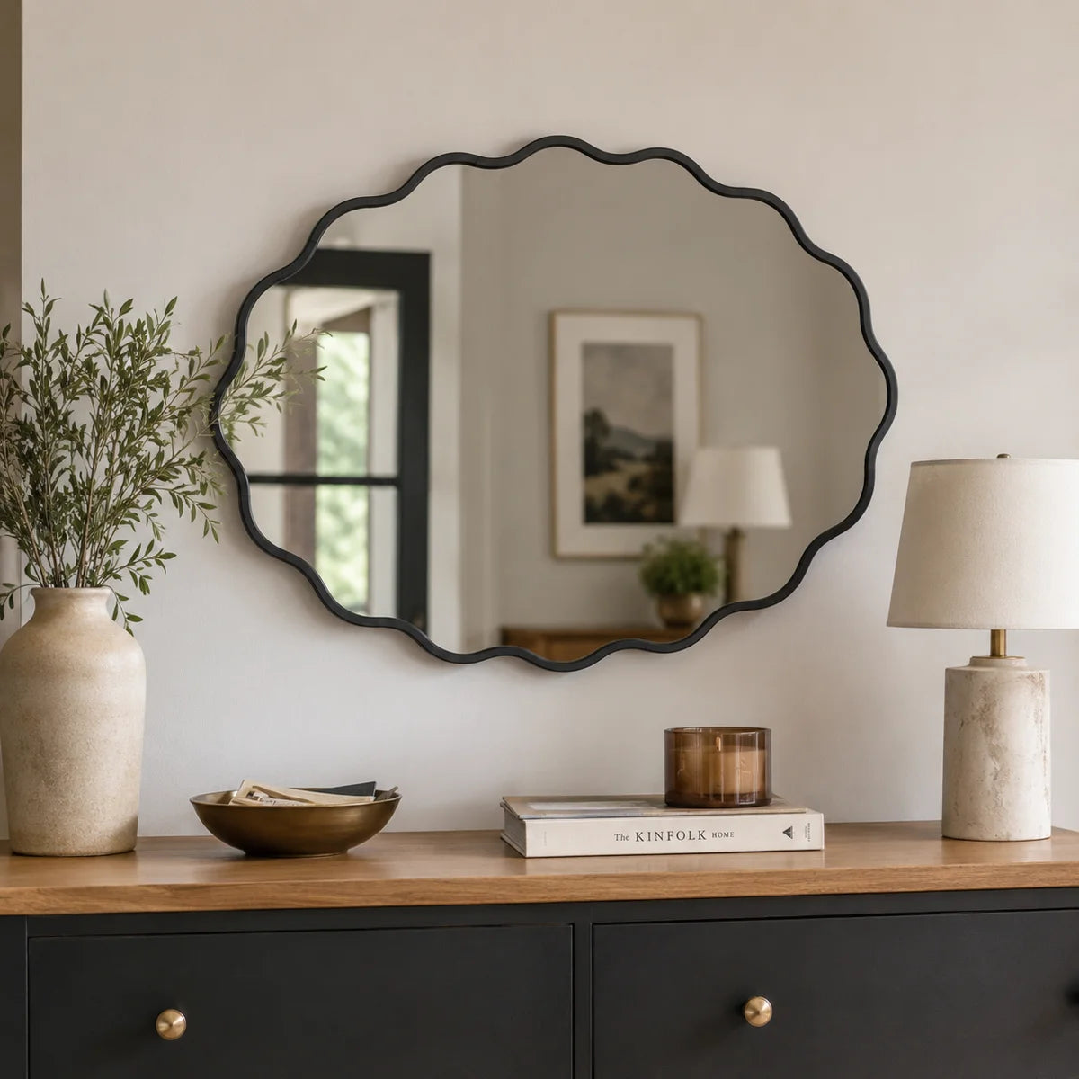 Black Wavy Oval Scalloped Metal Framed Bathroom / Vanity Wall Mirror