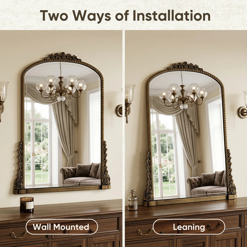 Retro Engraved Bathroom Mirror, Arched Wall Mirror