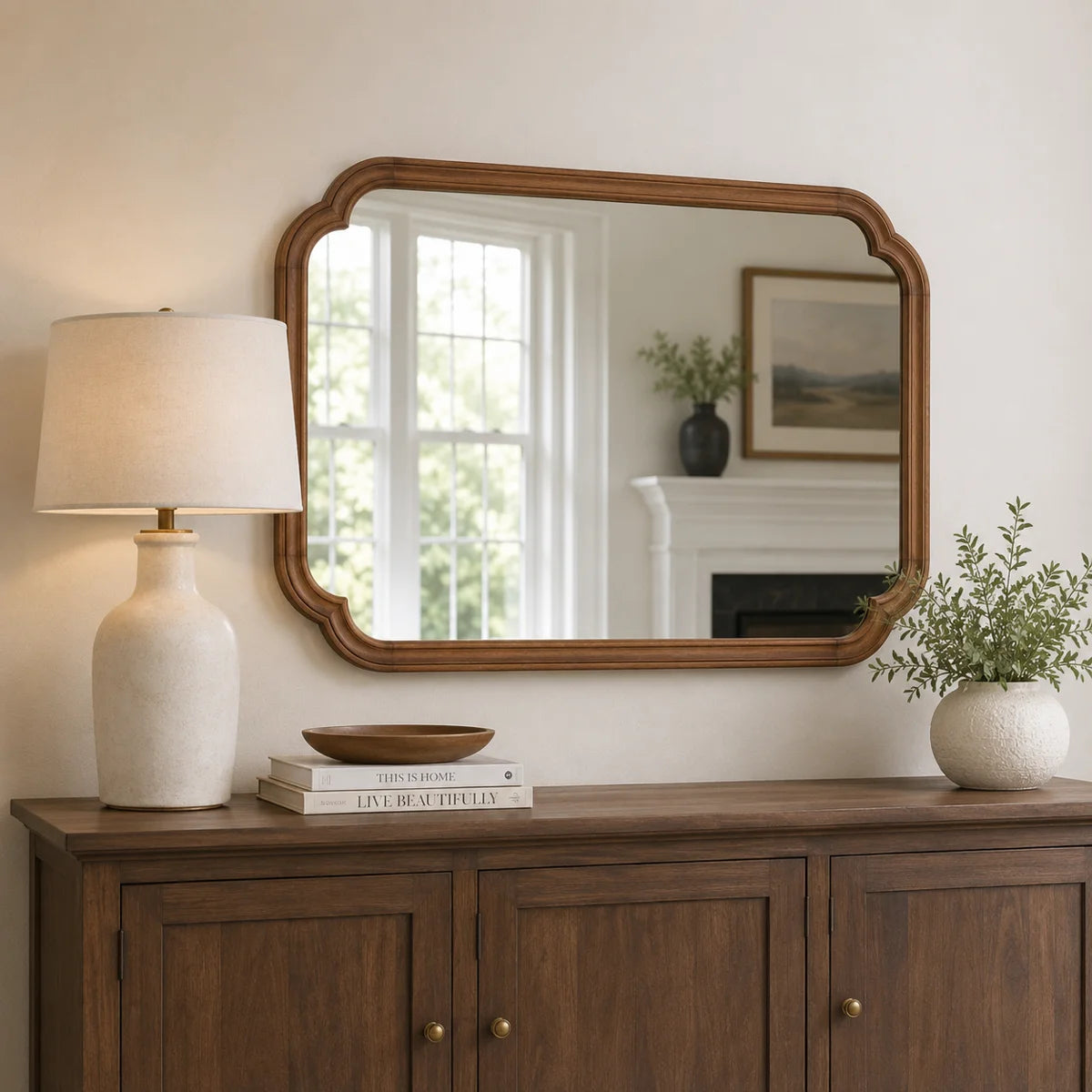 Arched Solid Pine Wood Wall Mirror with Tempered Glass – Farmhouse Bathroom Vanity Mirror