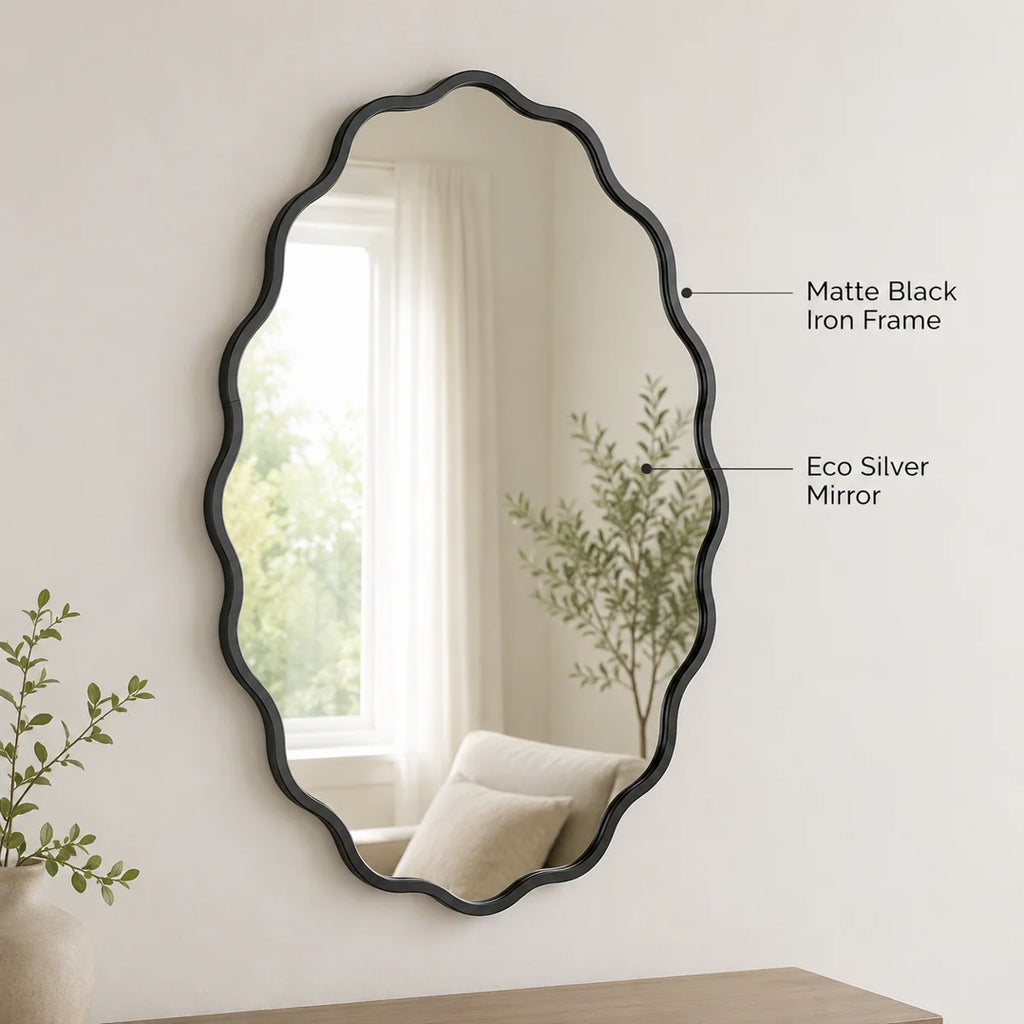 Black Wavy Oval Scalloped Metal Framed Bathroom / Vanity Wall Mirror