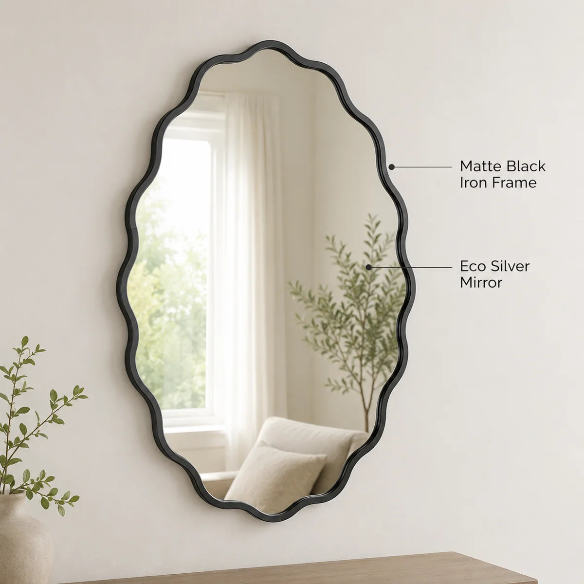 Black Wavy Oval Scalloped Metal Framed Bathroom / Vanity Wall Mirror