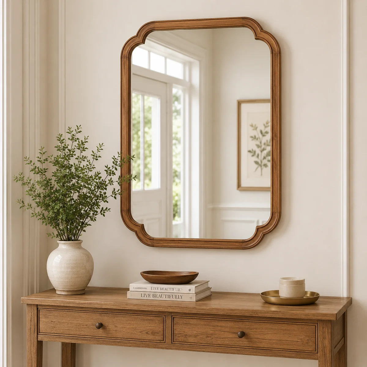 Arched Solid Pine Wood Wall Mirror with Tempered Glass – Farmhouse Bathroom Vanity Mirror