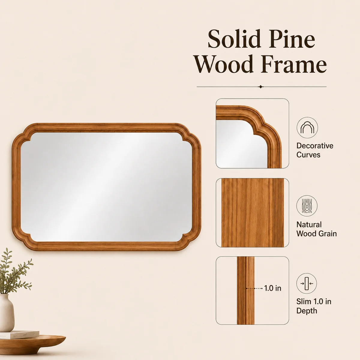 Arched Solid Pine Wood Wall Mirror with Tempered Glass – Farmhouse Bathroom Vanity Mirror