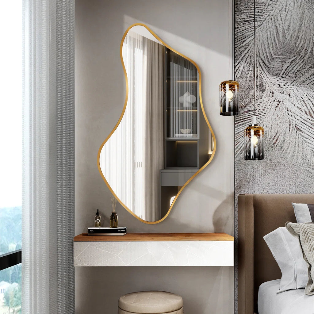 Luxury Asymmetrical Wall Mirror, Designer Irregular Bathroom Vanity Mirror with Sleek Aluminum Frame for Modern Interiors